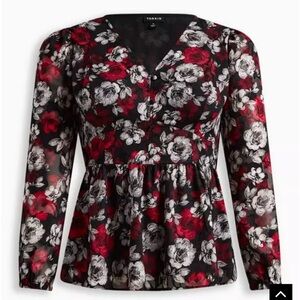Torrid Peplum Chiffon Clip Floral Blouson Sleeve Top